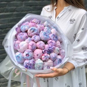 Букет 25 розово-голубых пионов