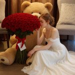 Большой мишка и 101 высокая красная роза с лентами
